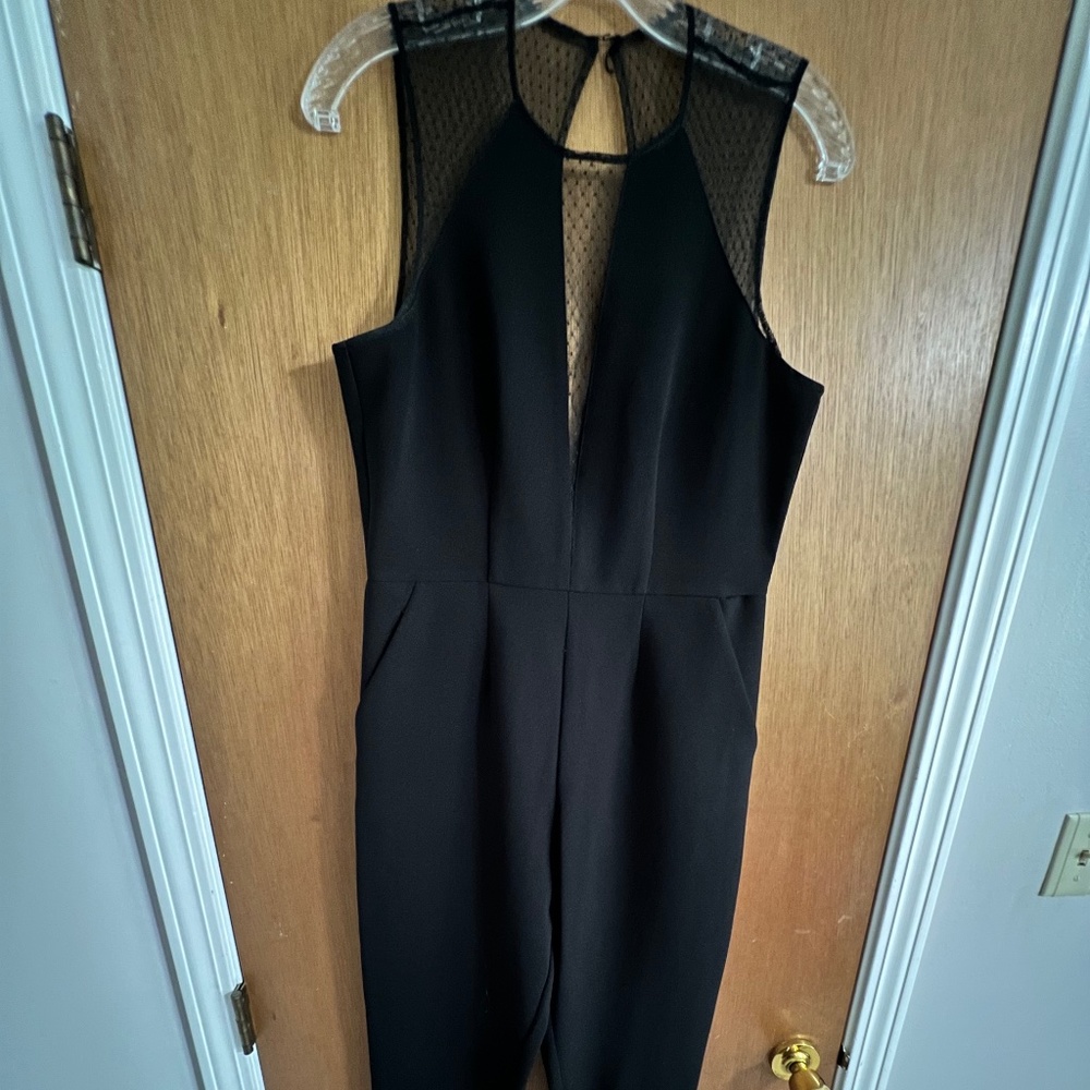 Deep V Illusion Black Jumpsuit- BCBG